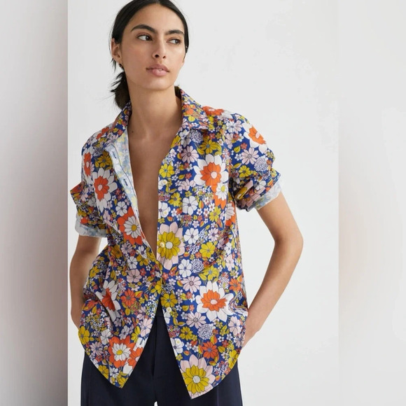 MAEVE by ANTHROPOLOGIE NWOT Longline Classic‎ Shirt in Blue Motif - Picture 1 of 10